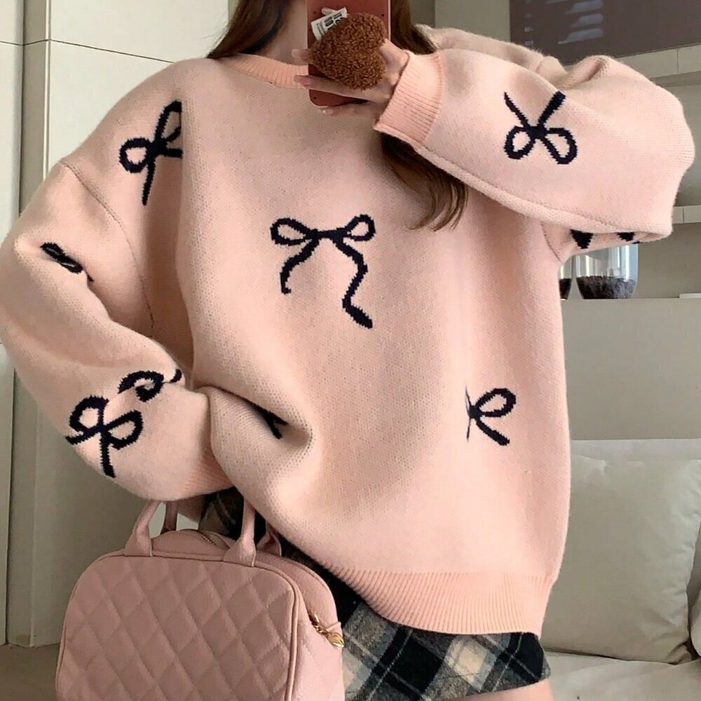 Pink Casual Women's Loose Fit Bowknot detailed Round Neck Long Sleeve Sweater